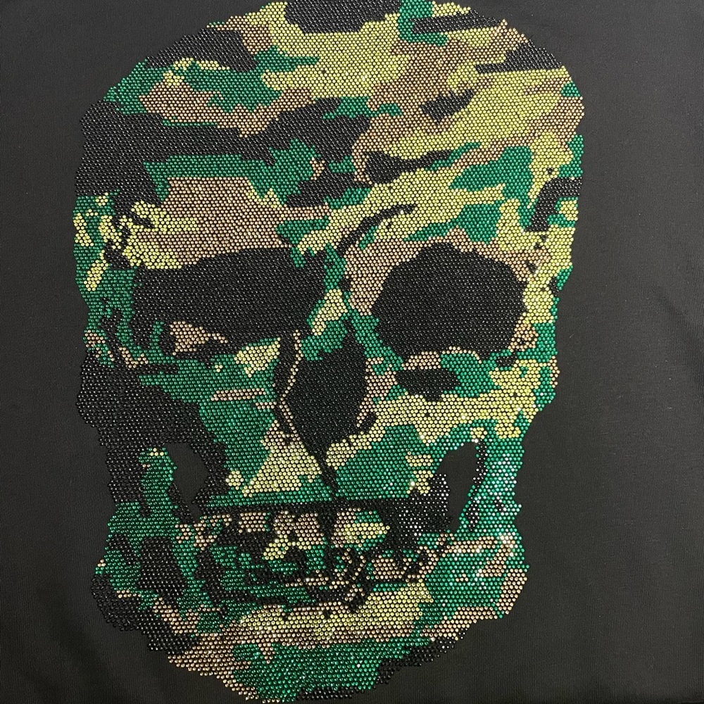 Philipp Plein Rhinestone Skull Crew Neck Long Sleeve Sweater Men Black Green EUC